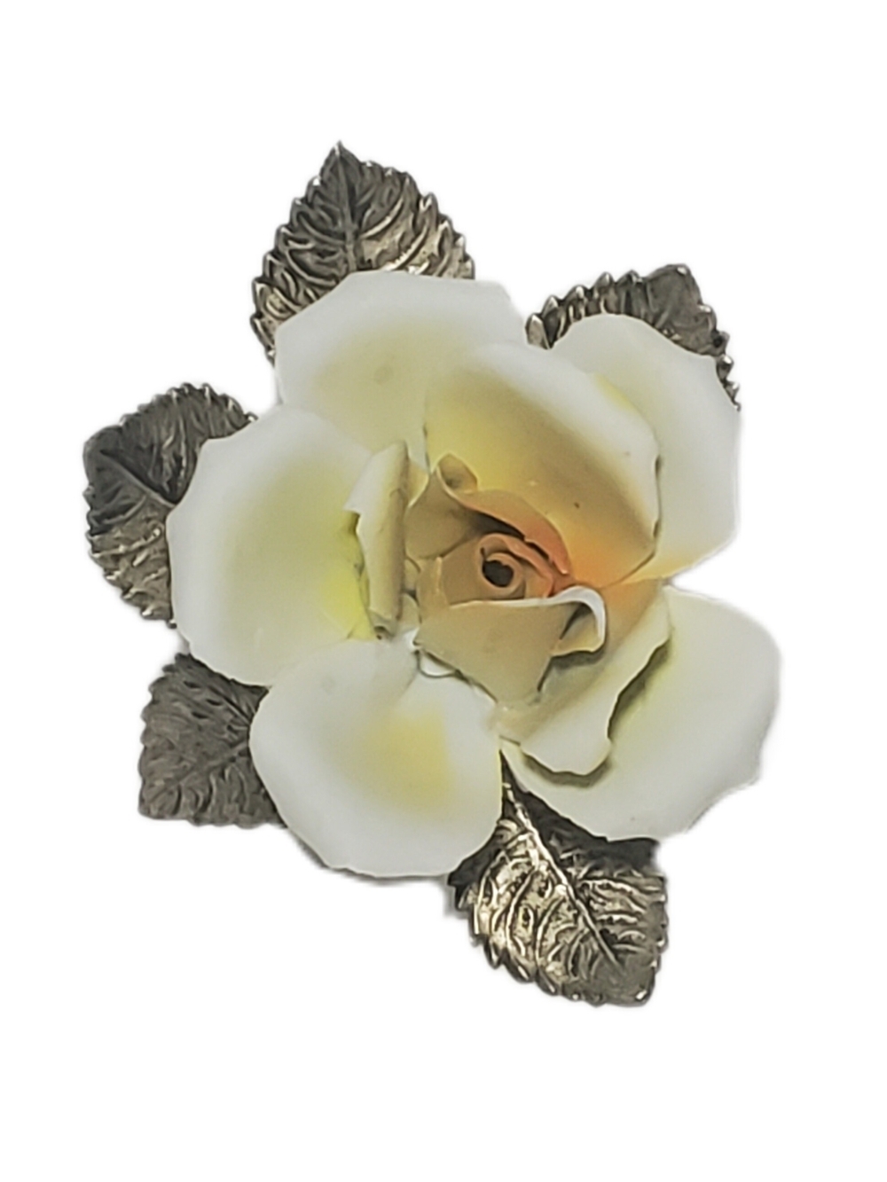 CAPODIMONTE Vintage Porcelain Yellow Rose on Gold Tone Leaves Figurine Italy